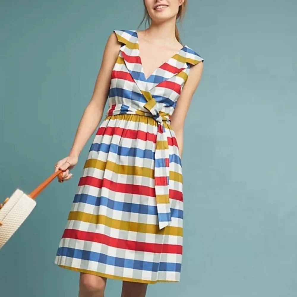 Anthropologie Maeve Cricket Club Colorful Plaid Midi Dress Size 0 1249